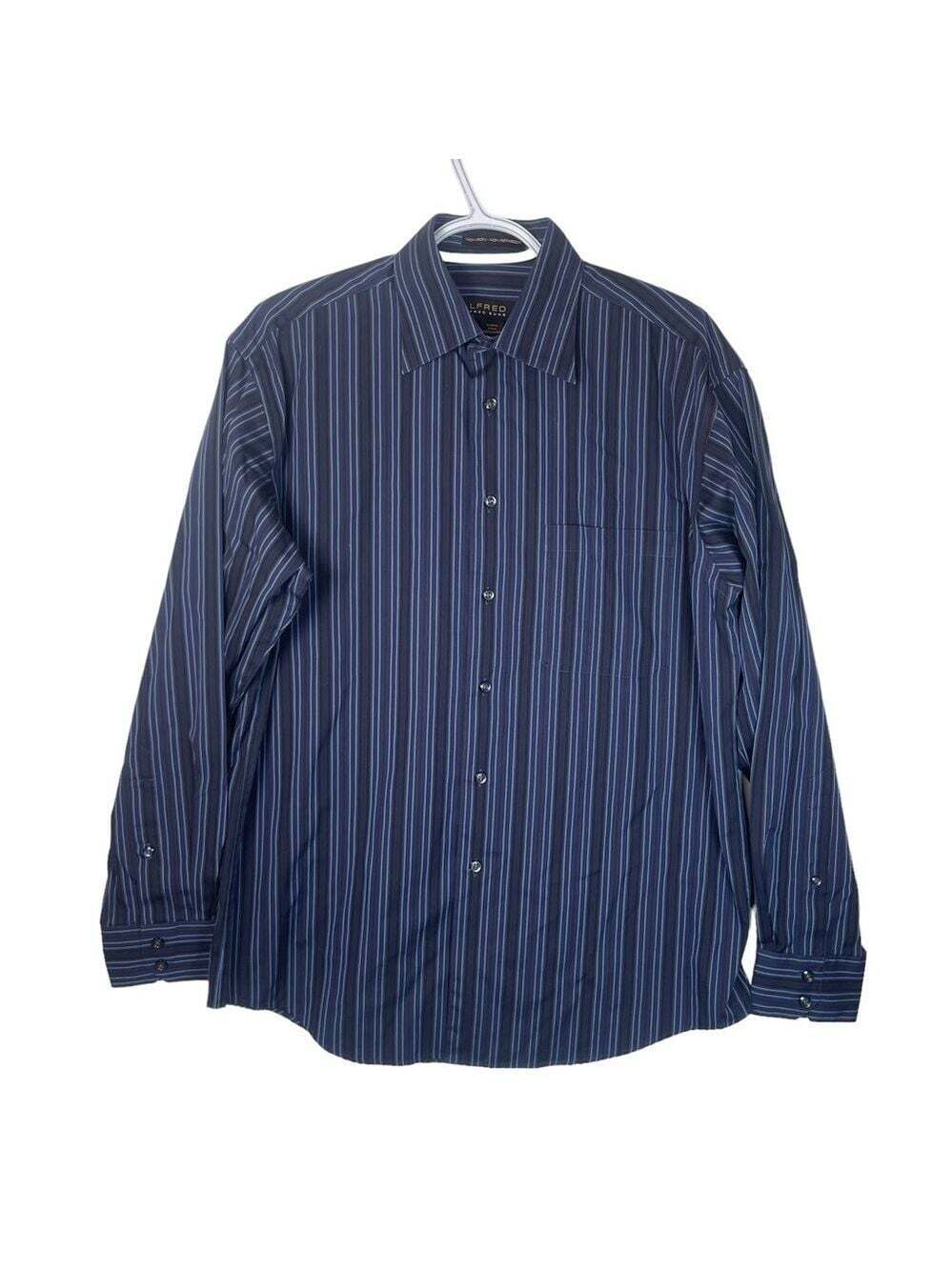Alfred Sung Blue Black Striped 100% Cotton Long Sleeve Button Down Dress Shirt M